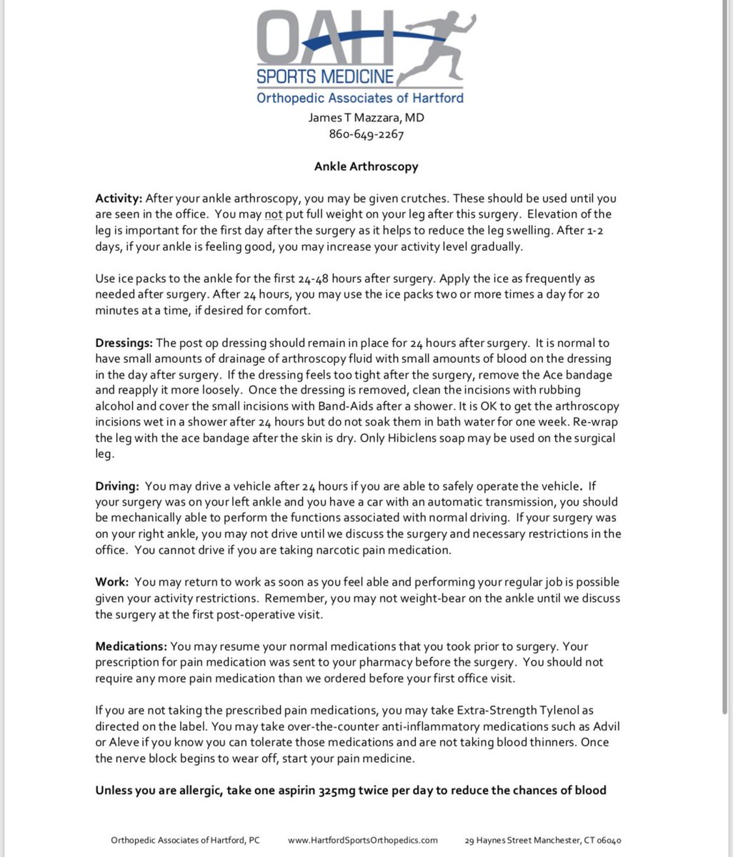 Flazzaraville's tweet image. Here is a step by step #postoperation process on #anklearthoscopy including what to do regarding activity, dressing, driving, medications, follow up and potential complications.

buff.ly/2QN3TXl