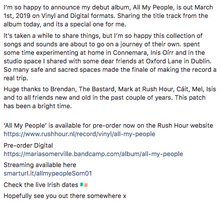 mariasomerville's tweet image. So happy to announce my debut album, All My People, comes out March 1st, 2019 on Vinyl and Digital formats. 💚 
Pre orders -rushhour.nl/record/vinyl/a… Stream big 🌎smarturl.it/allmypeopleSom… + live Irish dates here.