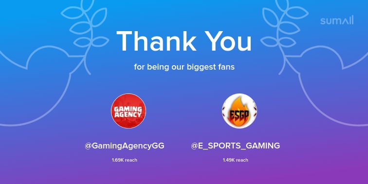 Our biggest fans this week: <a href="/GamingAgencyGG/">#QuedateEnCasa</a>, <a href="/E_SPORTS_GAMING/">E-SPORTS GAMING PROMOTIONS</a>. Thank you! via sumall.com/thankyou?utm_s…
