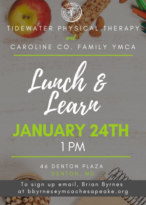 TidewaterPT84's tweet photo. We are hosting a Lunch and Learn at the Caroline County YMCA on January 24th at 1pm! Our Denton Physical Therapist, Mark Haviland will be presenting. All are welcome to attend! Lunch will be provided for all attendees. Email Brian Byrnes at bbyrnes@ymcachesapeake.org to sign up! https://t.co/RoleroynWb