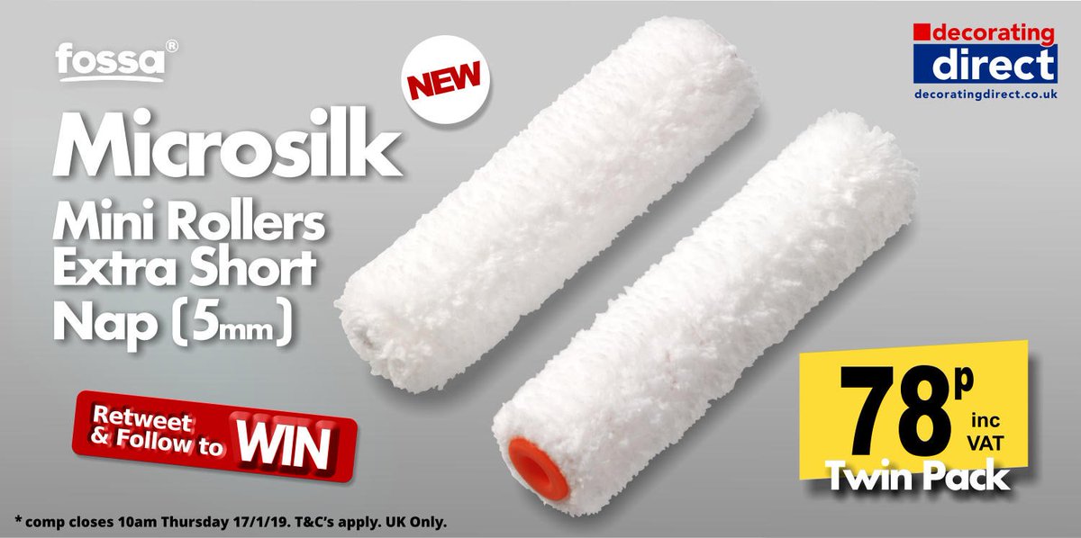 WIN our NEW 5mm Fossa MicroSilk Mini Paint Rollers!!
Retweet &amp; Follow to WIN a Pack of 2 <a href="/decoratingdirec/">Decorating Direct</a>
A lucky 20 winners will be chosen.....don't miss out!
Ends 10am Thursday 17th January 2019. T&amp;C's apply. UK only.
decoratingdirect.co.uk/viewprod/f/FOS…