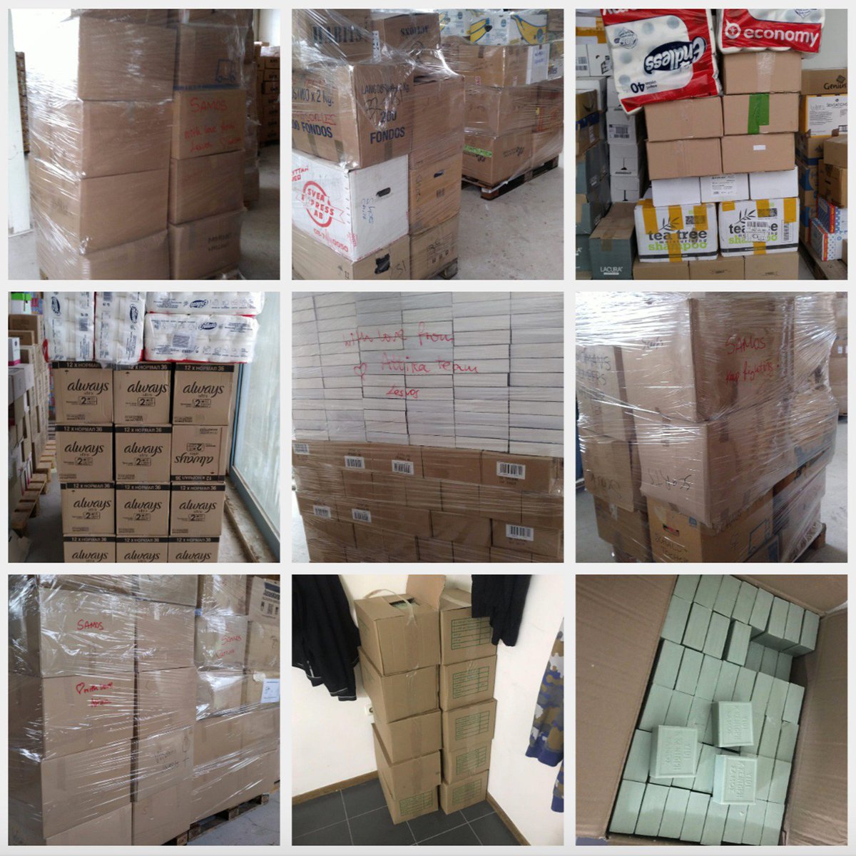 chooselove's tweet photo. It might not look exciting or colourful. 

But the items you see here are the very basics of life: sanitary pads, soap, toilet paper. Funded by your purchases at the Choose Love store, we’re getting these items type of items to the people who need them most in Greece #ChooseLove https://t.co/SE20a97iBz