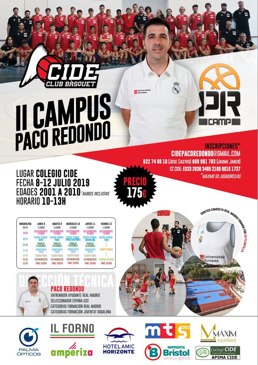 pacoredondo1982's tweet photo. 🏀 Colegio CIDE (Mallorca)
📆 8-12 Julio 2019
⏱ 10-13H
📌 cidepacoredondo@gmail.com
#PRCamp https://t.co/vYQ472Ukud