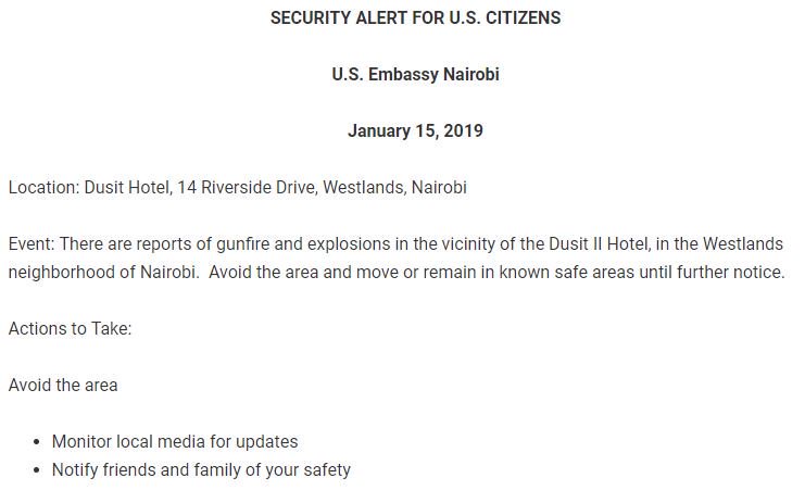 FmEtyet's tweet photo. US Embassy asks American citizens to avoid the Dusit 2 and move or remain in known safe areas until further notice and also  Notify friends and family of your safety." 
#RiversideAttack https://t.co/3n2hizqKea