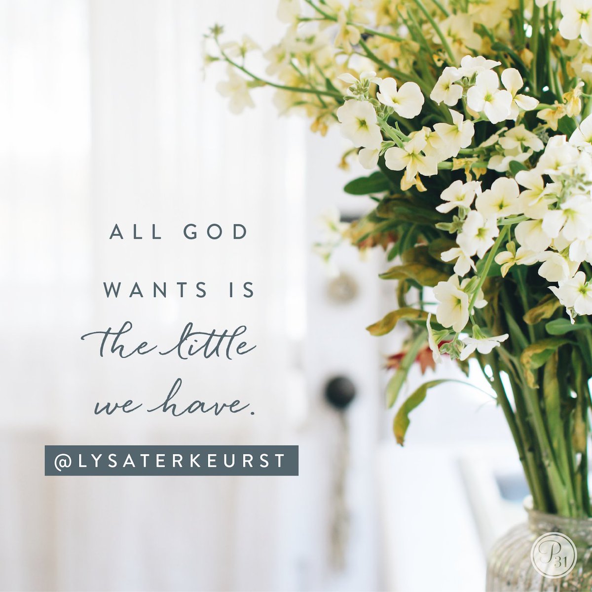 LysaTerKeurst's tweet photo. A little gift placed in the hands of a big God can change the world.

Who needs a place at your table… a card in the mail…  a cup of coffee &amp; a kind conversation? Let’s ask God to help us keep our eyes open this week for people who need to know they are seen &amp; they are loved. https://t.co/1DOcit5fPB