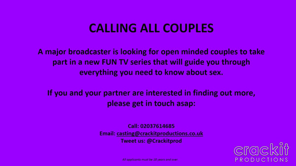 <a href="/AbbiCasting/">Abbi Casting</a> PLS RT Are you an open-minded couple that isn't afraid to try new things? We want to hear from you!  #Castingcall #Casting #TV #couplegoals #couplesgoals #relationships