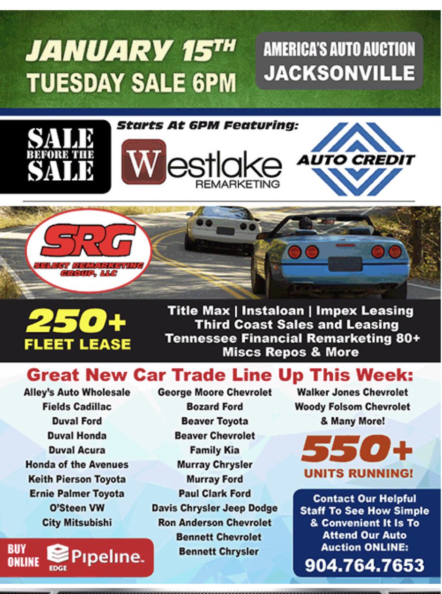 america_auto's tweet image. Auction starts at 6 tonight with the Sale Before The Sale kicking it off with Auto Credit and Westlake Remarketing. 550+ units running tonight! Don’t forget you can bid online if you can’t make it there! 
#AmericasAutoAuctionJacksonville #904764SOLD #AutoCredit #EdgePipeline