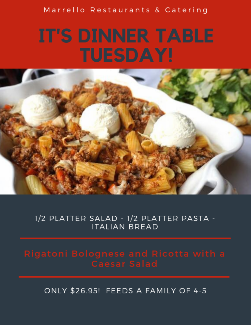 You had me at Ricotta! $26.95 Feeds a family of 4-5! Call &amp; pick-up. #dinnertabletuesday #marrellorestaurants #italianfood conta.cc/2Fya1AP