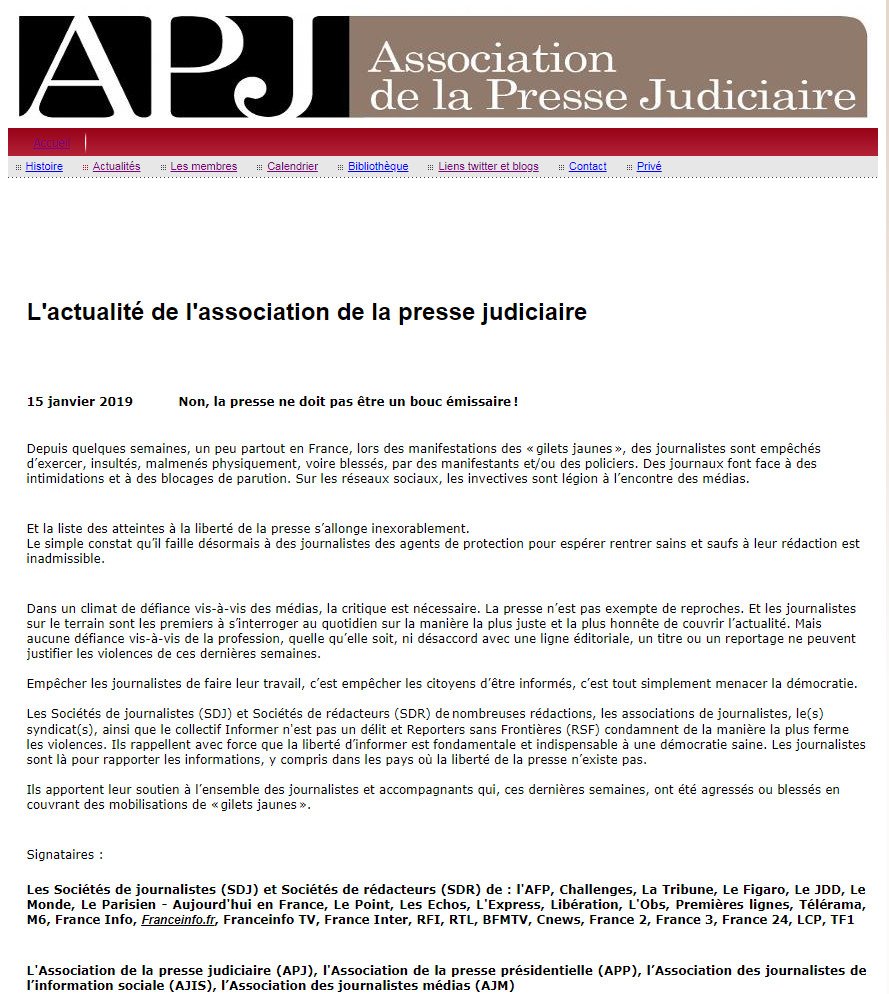 Non, la presse ne doit pas être un bouc émissaire !
La liste des atteintes à la liberté de la presse s’allonge inexorablement.
La @PresseJu est signataire, aux côtés d'une trentaine de sociétés de journalistes, d'associations et de syndicats :
http://pressejudiciaire.fr/2.html