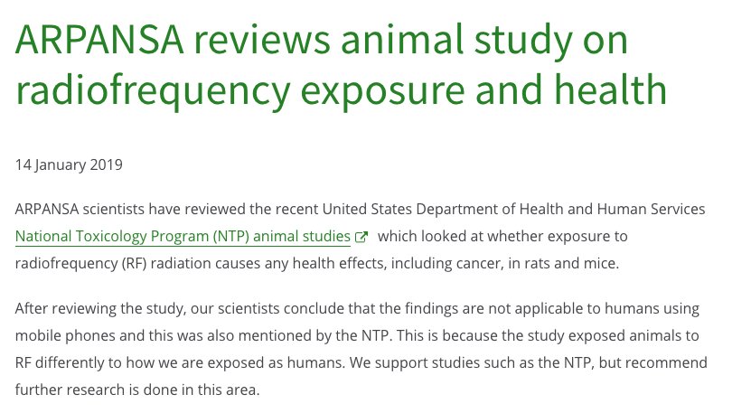 MicrowaveNews's tweet photo. .@ARPANSANews which just released a questionable analysis of brain tumor rates in Australia (see Jan 2 below), now says it believes that the U.S. NTP cell phone-animal study is not "applicable to humans."
ARPANSA recommends "further research."
https://t.co/KZrlkV8PAo https://t.co/dh7aHfDRVU