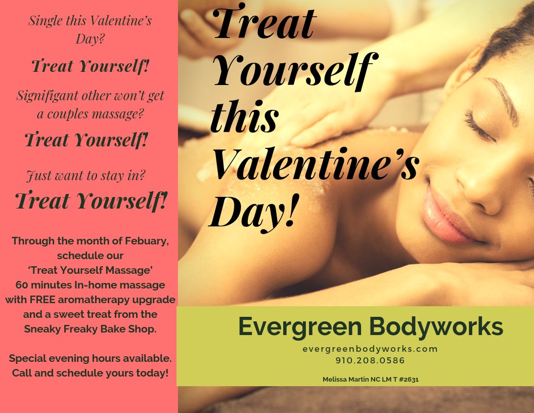 Special evening hours available now through February!  “Treat Yourself!l #massage #surfcity #jacksonvillemassage #ValentinesDay #sneadsferrymassage #hampsteadmassage