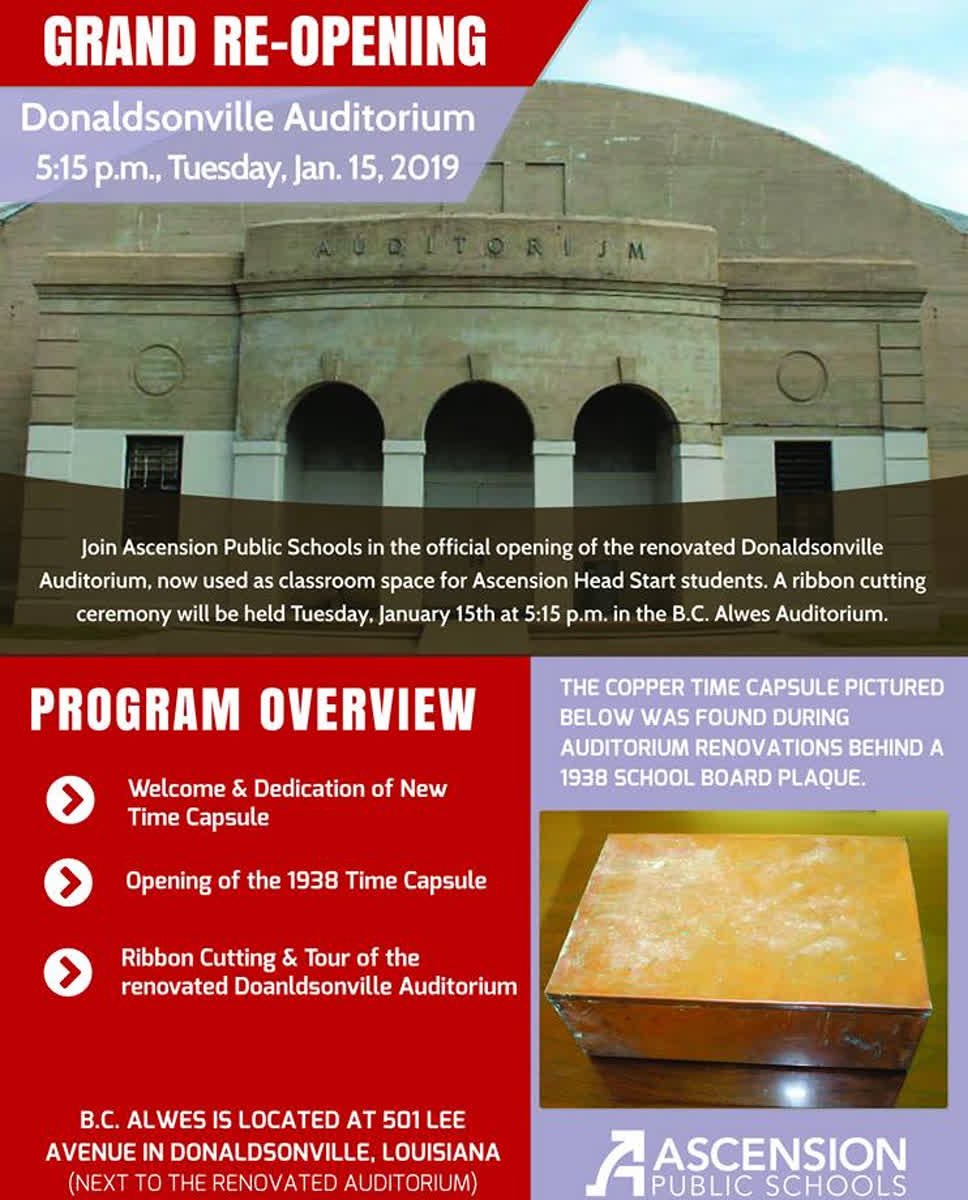 VDonaldsonville's tweet image. If you're curious what people from 1938 would put in a time capsule, you can #discover the answer today! Join the Ascension Parish School Board as they unlock a time capsule originally hidden behind a school board plaque. #HistoryLivesHere qoo.ly/urdwv