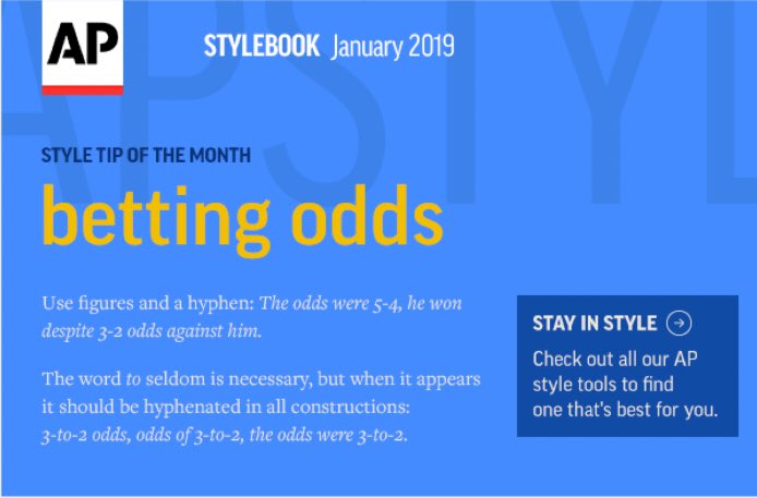 Here’s a tip from <a href="/APStylebook/">APStylebook</a> about covering sports betting that doesn’t apply to any sports betting outside of horse racing.