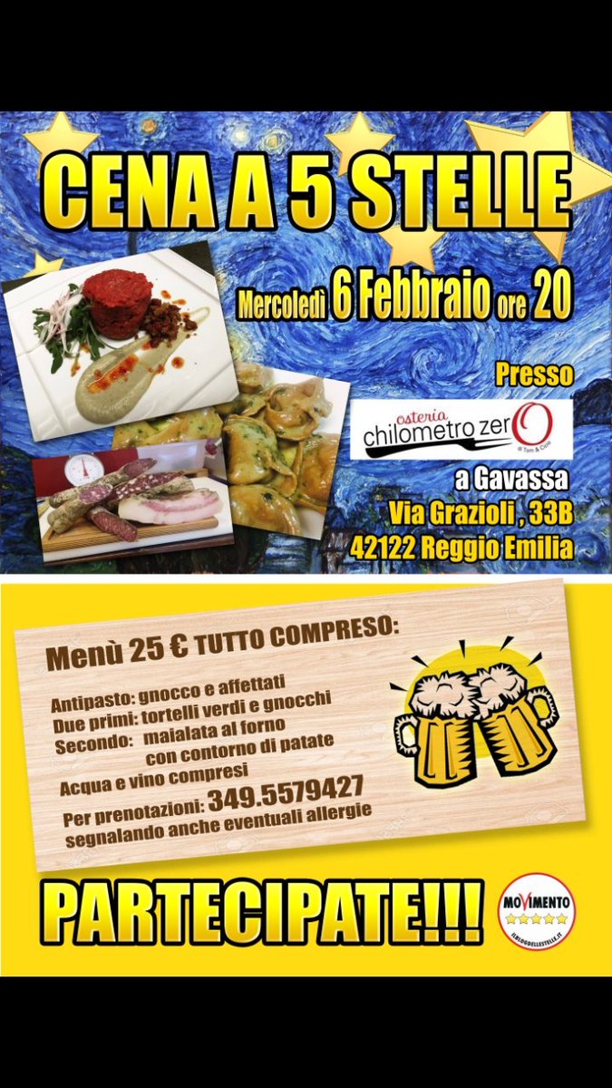 CENA A 5 STELLE ⭐⭐⭐⭐⭐
Vi aspettiamo mercoledì 6 febbraio alle ore 20 a Gavassa presso l'Osteria Chilometro Zero in Via Grazioli n° 33B