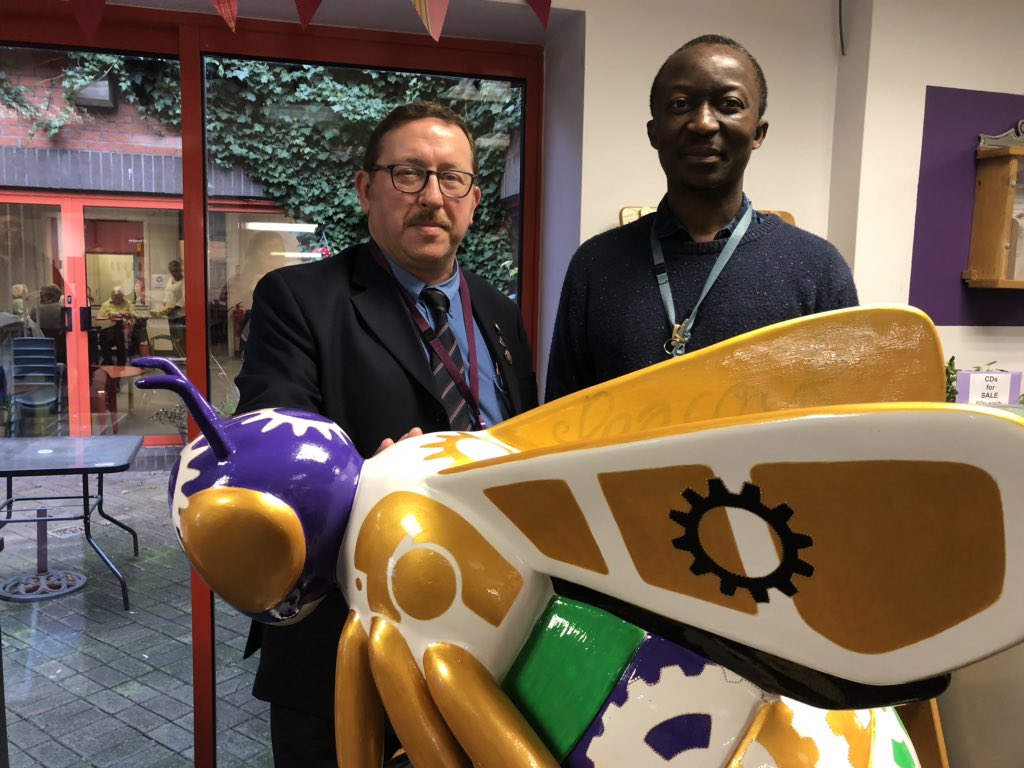 PaulaCarley's tweet image. A lovely Bee reveal today. The Gorton Local Histoy Group worked with local artists to design a bee that represented historical industry Beyer Peacock and local Suffragist Lydia Becker. @MancLibraries The bee has come home to #GortonLibrary. @JohnHughes55