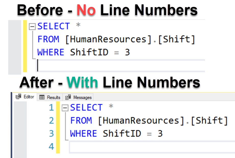 pinaldave's tweet image. SSMS – Enable Line Numbers in SQL Server Management Studio  buff.ly/2S4gHus