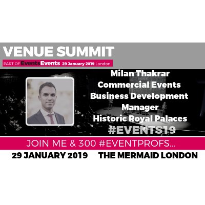#Events19 - Joining the Venue Summit afternoon panel 'Social media platforms: how to use to best effect, developments for the future, ones to watch' is <a href="/MilanThakrar/">Milan Thakrar</a> <a href="/HRP_palaces/">Historic Royal Palaces</a> Looking forward to hearing what he and rest of the panel have to say!
bit.ly/2FllgOA