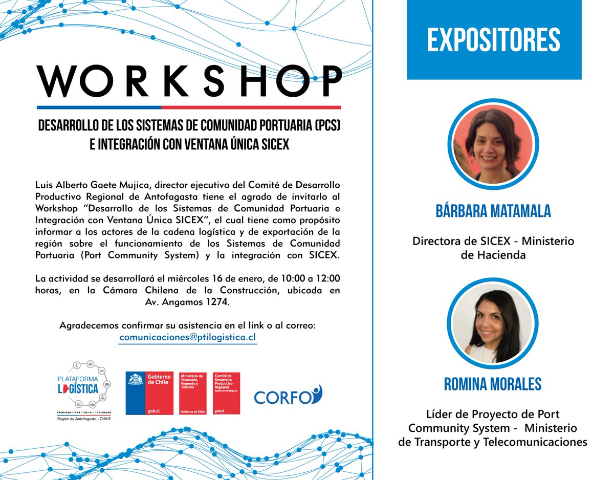 🗣️¡Atención actores de la cadena logística de #Antofagasta! Te invitamos a interesante workshop sobre los Sistemas Comunitarios Portuarios (PCS) y SICEX para el #ComercioExterior 🌎