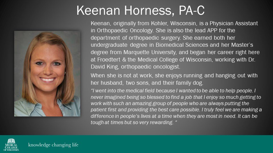 MCWSarcoma's tweet photo. Keenan joined the #MCWsarcoma team 7 years ago. Her skill and compassion make her an incredibly valued member of our team. We are lucky to have her! #TeamTuesday #sarcoma @MCWCancerCenter @Froedtert https://t.co/zaGvwuiDYc