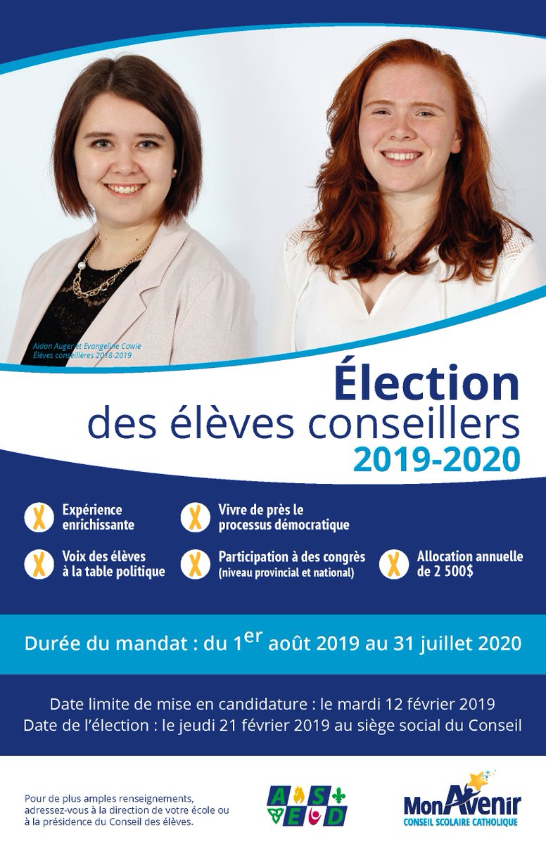 Élèves du secondaire - C'est maintenant le temps de poser votre candidature pour les postes d'élèves conseillères et conseillers au <a href="/cscmonavenir/">Csc MonAvenir</a>. La direction de votre école pourra vous remettre tous les documents nécessaires. Date limite: mardi 12 février. #Élection#Secondaire