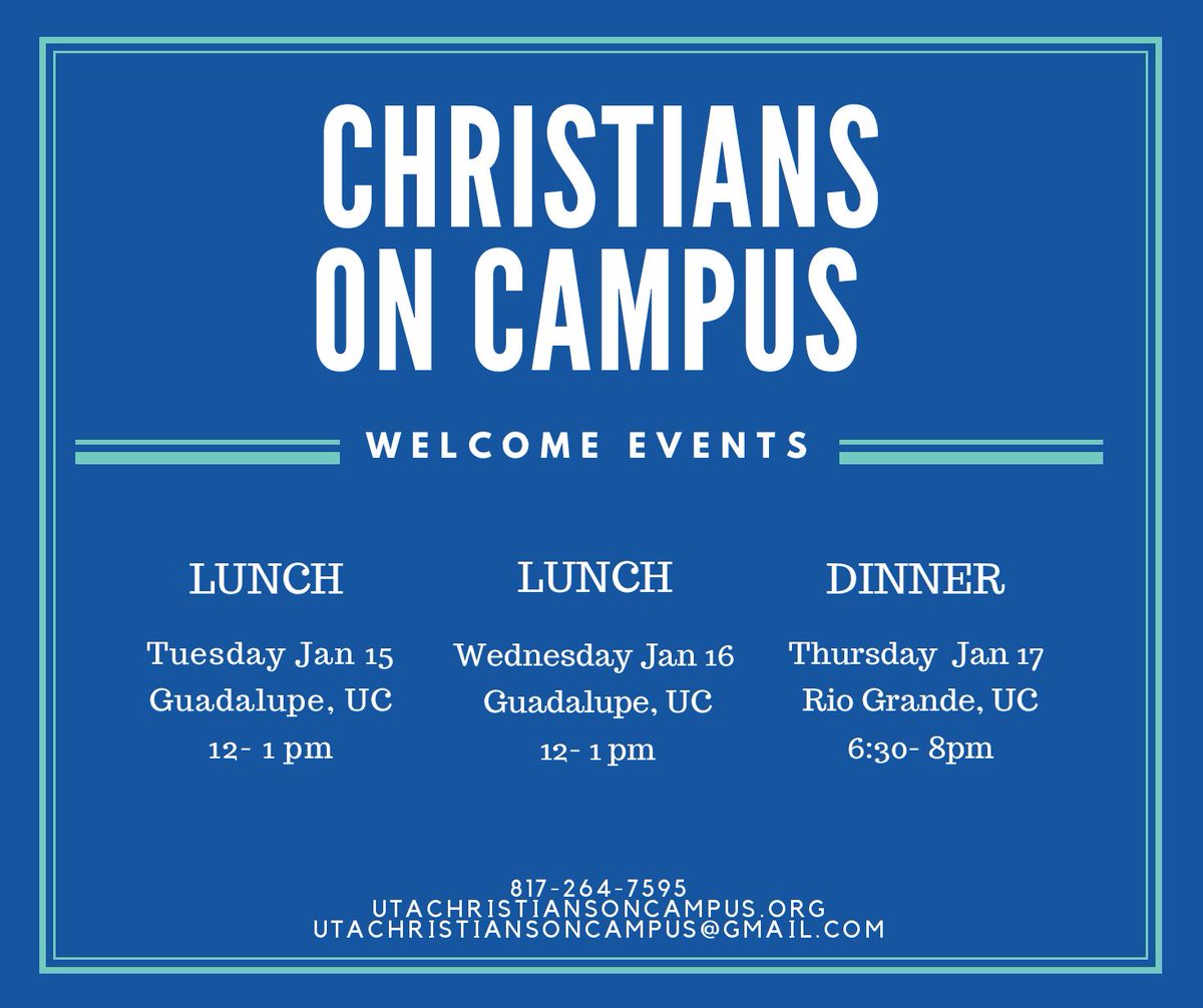 UTAChristians's tweet photo. Welcome back ya'll! Hope you all had a good break! We invite you all to join us for welcome lunches and dinner this week. Information is in the flyer below! :) https://t.co/sJi3yJBhjZ