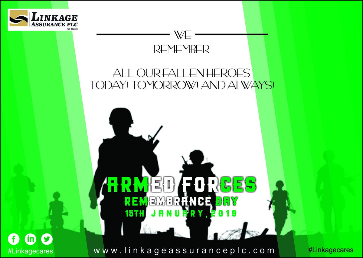 We honour our fallen heroes who served our fatherland with love, strength and faith.

Happy Armed Forces Remembrance Day!

#ArmedForcesRemembranceDay
#ArmedForcesDay2019
#NigerianArmedForces
#January15
#FallenHeroes
#ArmedForces
#LinkageCares