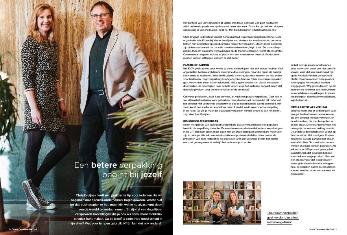 Duurzaam verpakken, hoe doe je dat? <a href="/Nynke_KIDV/">Nynke Arntzen</a> en @ChrisBruijnes vertellen hoe zij dat doen en geven handige tips in het magazine Circulair Ondernemen van <a href="/DeWolvenPR/">De Wolven</a>: bit.ly/2RNNpTt #weekvandeCE
