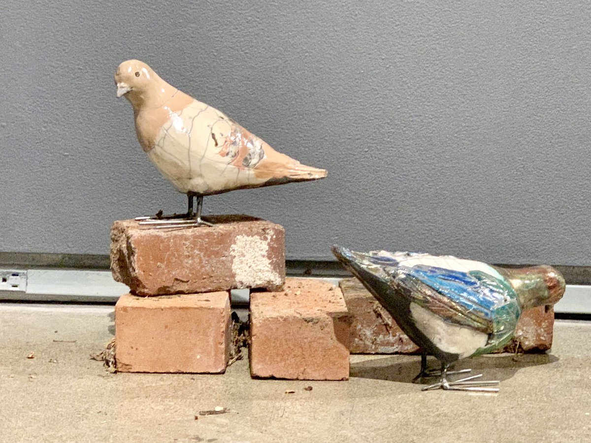 Ceramic pigeons by Joan Arrizabalaga are part of Lost Highway, a group show that bids farewell to the look and feel of 20th-century Reno. doublescoop.art