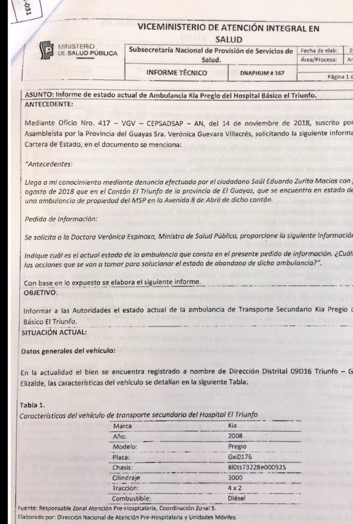VeroGuevarav's tweet photo. Como repuesta al pedido de información realizado al @Salud_Ec  sobre el abandono de una ambulancia en el cantón #ElTriunfo, contestan que el vehículo se encuentra actualmente en reparación para posteriormente poder brindar los servicio a pacientes en casos emergentes. https://t.co/QZwXFFq2t2