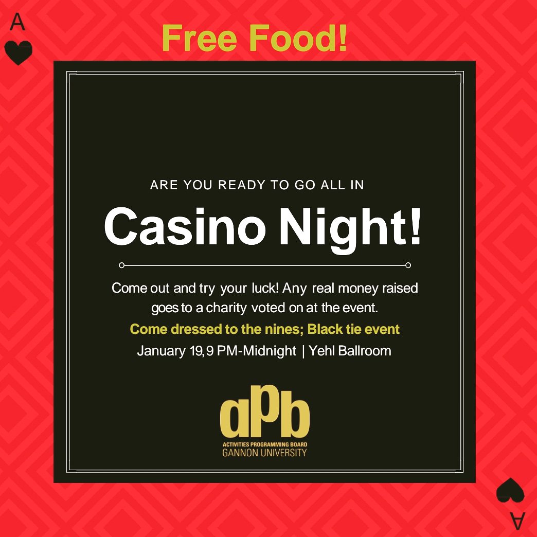 APBGU's tweet photo. THIS SATURDAY @ 9pm in YEHL ballroom.
♠️♥️
 This is a perfect opportunity to practice your card playing skills in FACY ATTIRE. 
♣️♦️
Any real money used will be donated to a charity of your choice. There will also be free food at this event!! https://t.co/UTIEhiB8Ix