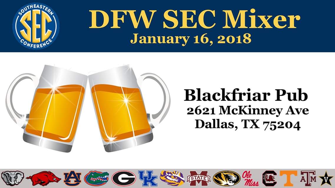 DFWSECFans's tweet photo. We're headed to @BlackfriarPub TOMORROW (Wed, 1/16) for the 1st DFW SEC Mixer of the year. Come join us after 6pm! https://t.co/9qjaXD4MyQ