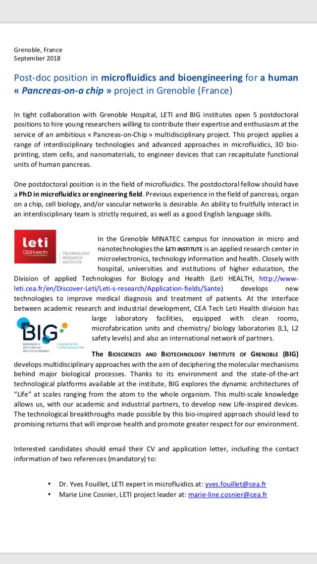 FNavarr10381651's tweet image. Post doc position in microfluidics and bio engineering for a human pancreas on a chip at CEA Tech (Grenoble, France)
#cea
#CEATech