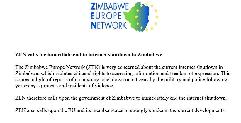 Zim_Europe's tweet photo. ZEN calls for end to internet shutdown #Zimbabwe https://t.co/WHtI9VlTm0