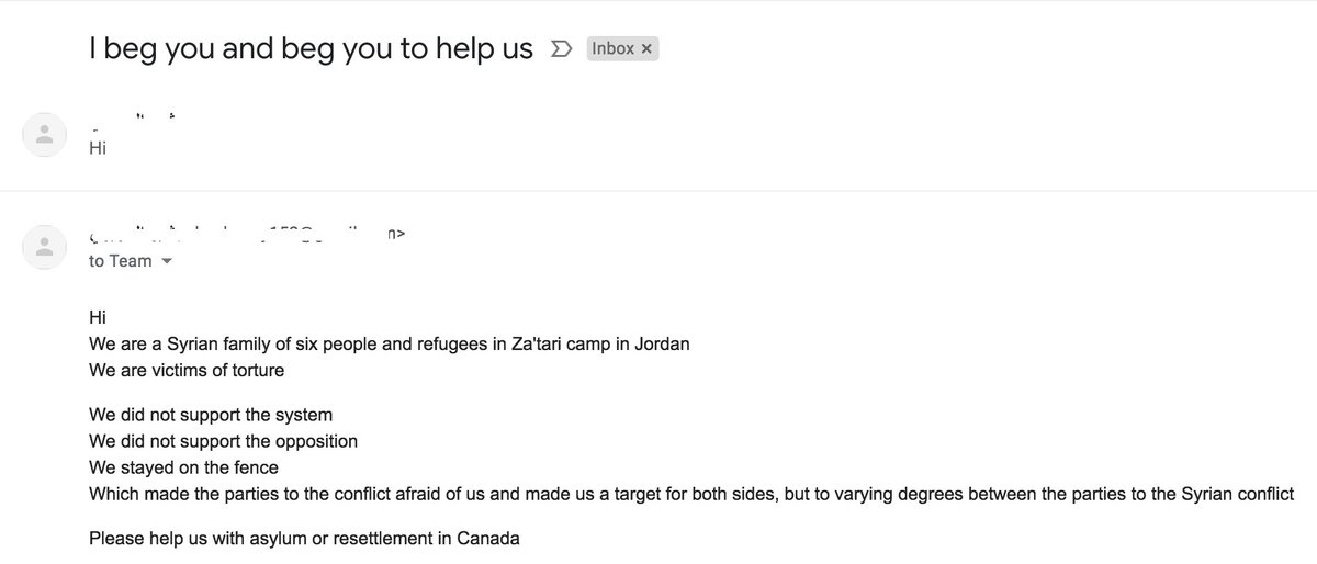 Christemple8's tweet photo. These emails are so difficult to get. I don't know this person, but I feel for them. With @SalamNeighbor we've resettled as many families as we can and have two more in process already. If anyone else has capacity and funds for sponsorship, let me know and I can connect you. https://t.co/CB9pNltiJa