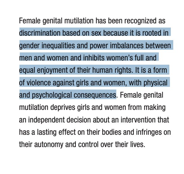 The  @WHO also states that "FGM is rooted in gender inequalities" and "constitutes an extreme form of discrimination against women" ( https://bit.ly/1qUplWF ). It also states that, unlike male circumcision, FGM has "no known health benefits." So, the prevailing view in Western