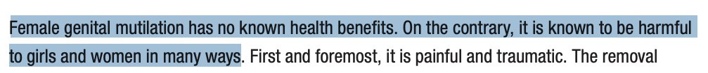 The  @WHO also states that "FGM is rooted in gender inequalities" and "constitutes an extreme form of discrimination against women" ( https://bit.ly/1qUplWF ). It also states that, unlike male circumcision, FGM has "no known health benefits." So, the prevailing view in Western