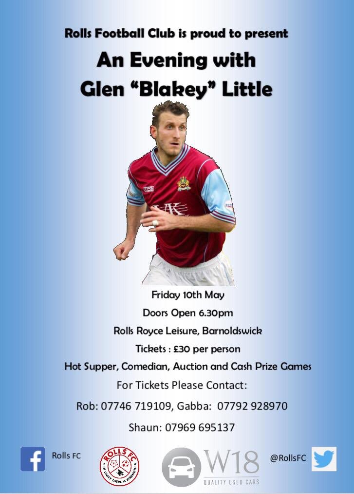 Our Annual sportsman dinner event is upon us!! Guest speaker is Burnley FC Legend @GlenLittle07 ......thanks to @W18Cars 🗓 Friday 10th May 🕒 6.30pm 📍 Rolls-Royce Leisure Ticket includes a hot supper, a performance from a top comedian and there will be an auction