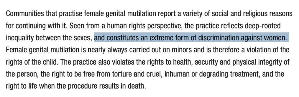 The  @WHO also states that "FGM is rooted in gender inequalities" and "constitutes an extreme form of discrimination against women" ( https://bit.ly/1qUplWF ). It also states that, unlike male circumcision, FGM has "no known health benefits." So, the prevailing view in Western