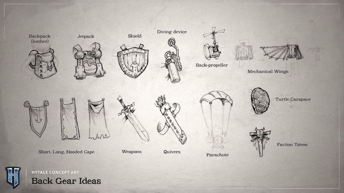 Hytale's tweet image. We are working on some back gear ideas for #Hytale. Let us know if you have ideas of your own! ⚔️
