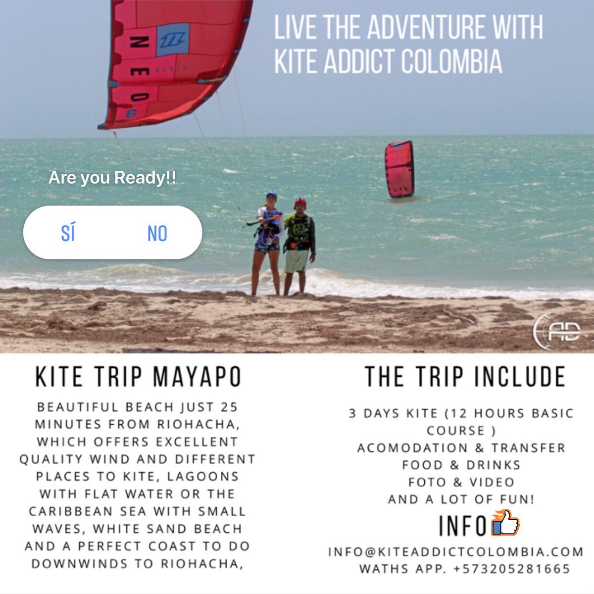 kiteaddictcolom's tweet image. Buscando #kitetrips #kiteaddict tiene para ti los mejores lugares para hacer kite, buena compañía, equipos del año y lo mejor todo incluido y organizado, no tienes que preocuparte por nada, #dejatellevar y #disfruta. #info info@kiteaddictcolombia.com   #wathsapp  +573205281665