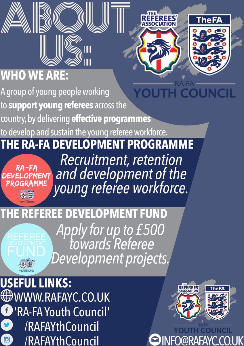 lewisdawson97's tweet photo. Do you know what the @RAFAYthCouncil do❓🤔
Take a look below 👇
🔴Use the #RDF to help fund referee development projects💰
🔵Use the #RAFADP to support the recruitment, retention & development of the young referee workforce 💪
#For more info: https://t.co/U4q5ki0ovT
#RAFAYC https://t.co/f8Q8YP9uMQ