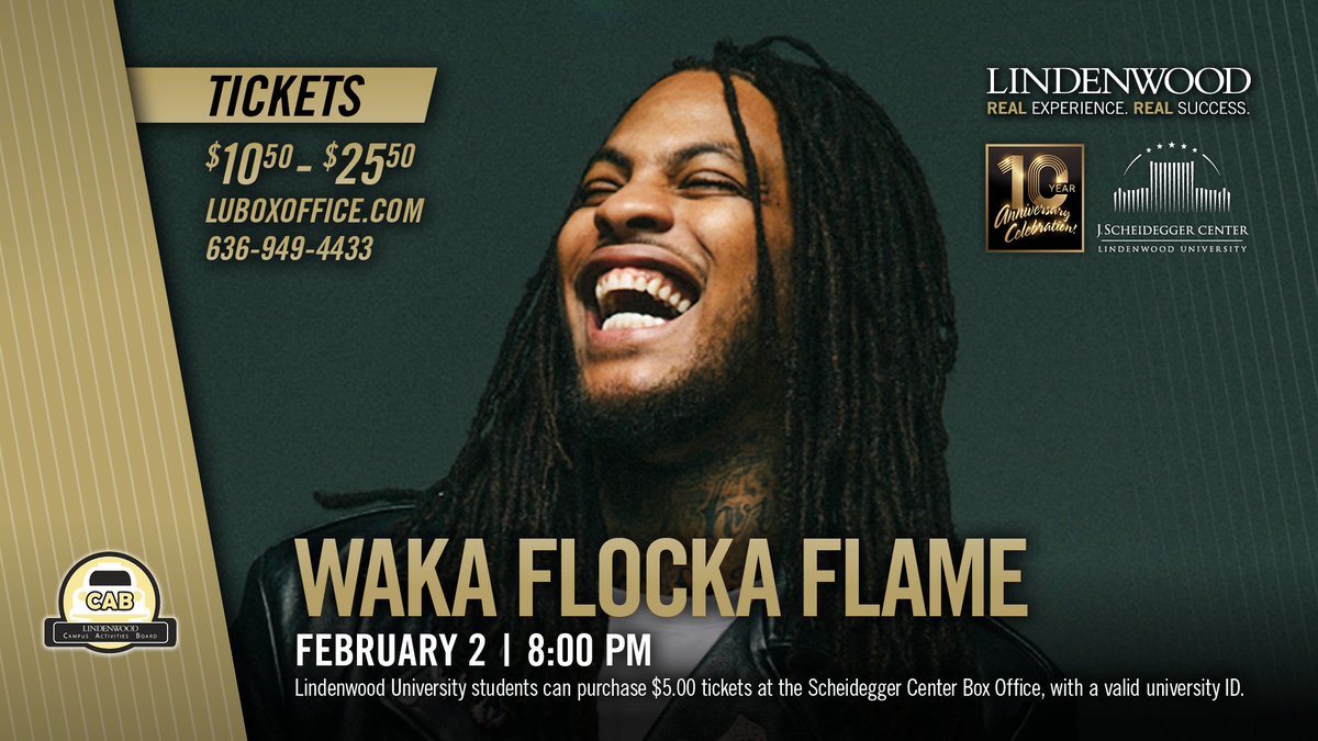Also on sale, tickets to @WakaFlocka on Feb. 2! This concert is part of our inaugural #OneRoar Series here at @LindenwoodU. Tickets range from $10.50 - $25.50, student tickets are available for just $5.00!