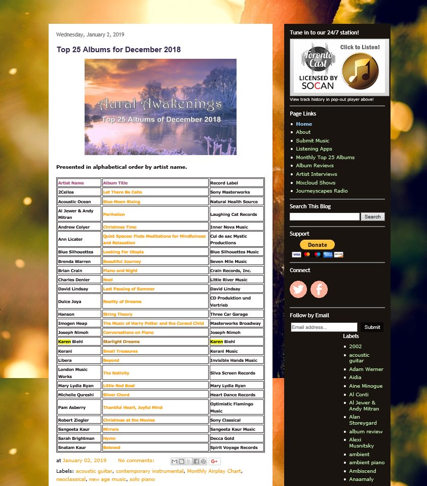 Thank you @AuralAwakenings for placing my album “Starlight Dreams” on your top 25 album chart for the month of December.   What a great way
to start the new year!  #NewAge #StarlightDreams #MaestraMusic
auralawakenings.com