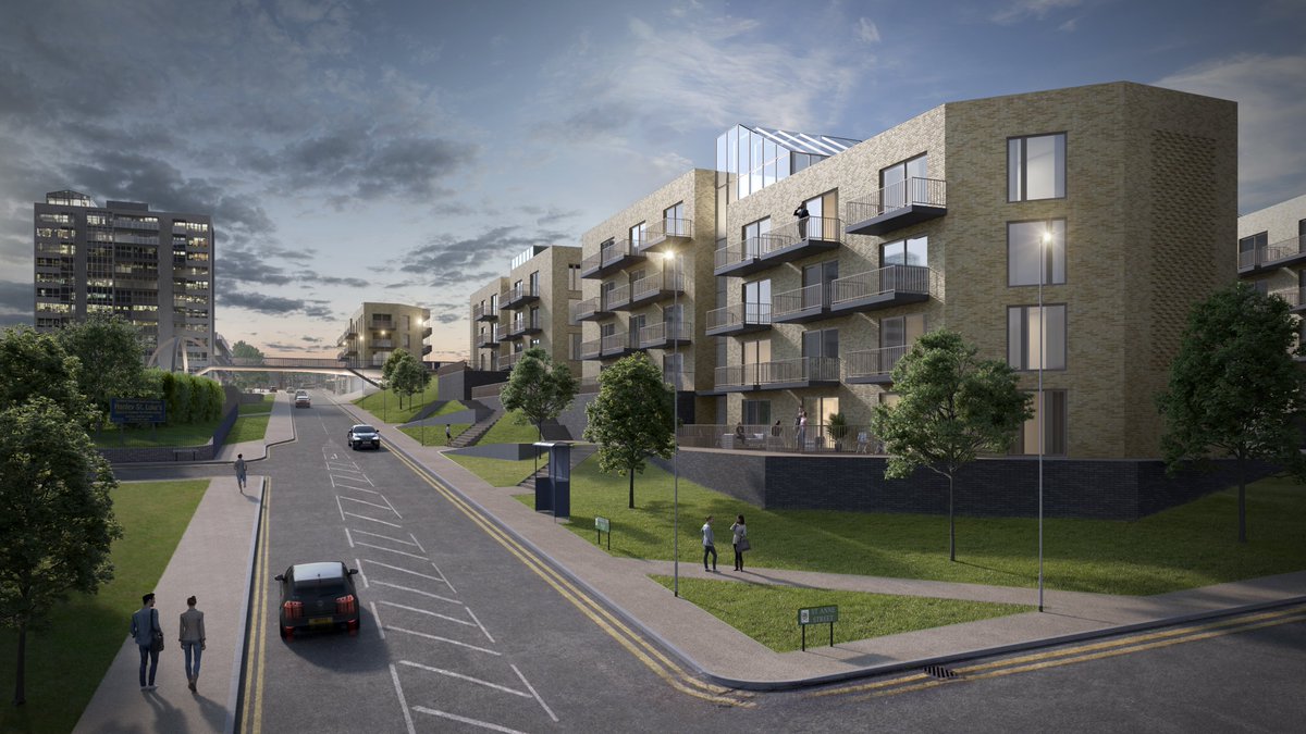SoTCityCouncil's tweet photo. This striking image shows how council housing on Bucknall New Road, Hanley is to be transformed. We're working with #CheyneSocialProperty &amp; @HomesEngland to build 379 affordable homes on the estate and on cleared land in Pyenest Street, Shelton. First homes due in Shelton in 2022 https://t.co/lxJcFOd2Jo