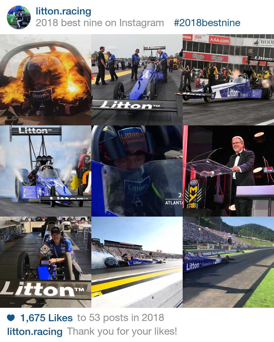 LittonRacing's tweet photo. Wow, what an amazing year for Litton Racing. Thank you for all of your likes on our top 9. We are ready to crank it up in 2019! #LittonRacing #topnine2018 #NHRA #TopFuel @nhra @cirrusaircraft @melloyello @autoclubdragway @lucasoilproducts https://t.co/GVwU8ax2zi