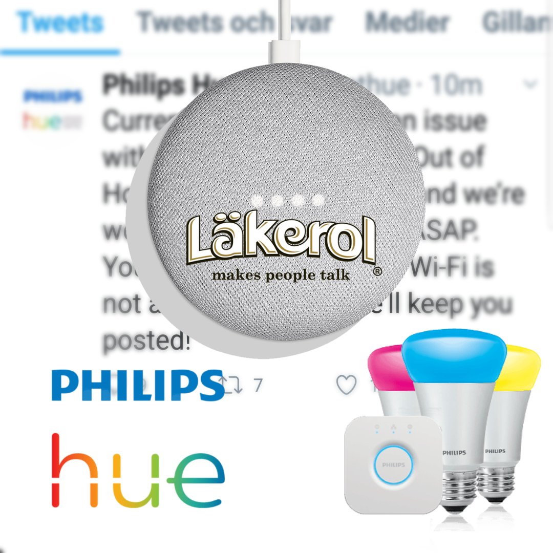 Riiicco80's tweet image. Stackars min #GoogleMini skrikit å svurit på den för att den skall tända lamporna.
Så är det fel på @tweethue appen/servern.

-Hey Google, vart är min tryckare till lamporna ? 
Moment 22 😳😀😀
@Google #HuePhilips #PhilipsHue