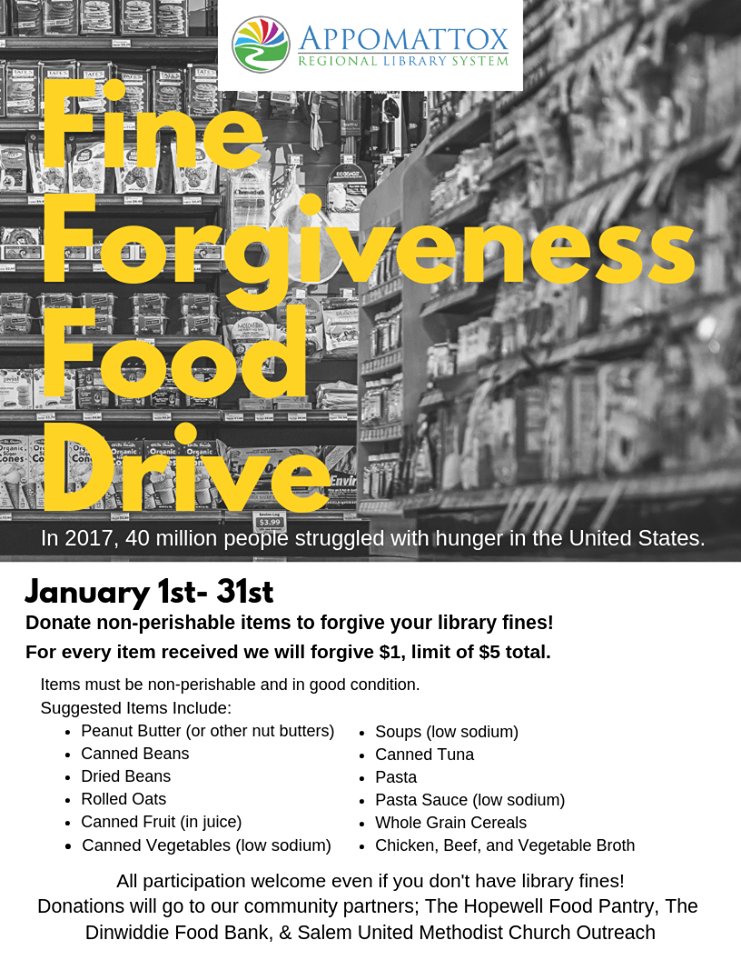 HopewellDP's tweet photo. January 1st- 31st, the Appomattox Regional Library will forgive $1 of fines for every non-perishable item (in good condition), up to $5 in fines! Join them even if you don't have library fines to support our community. #DowntownHopewell #PublicLibrary #Library #Read #FoodDrive https://t.co/xH7nEBLZUt