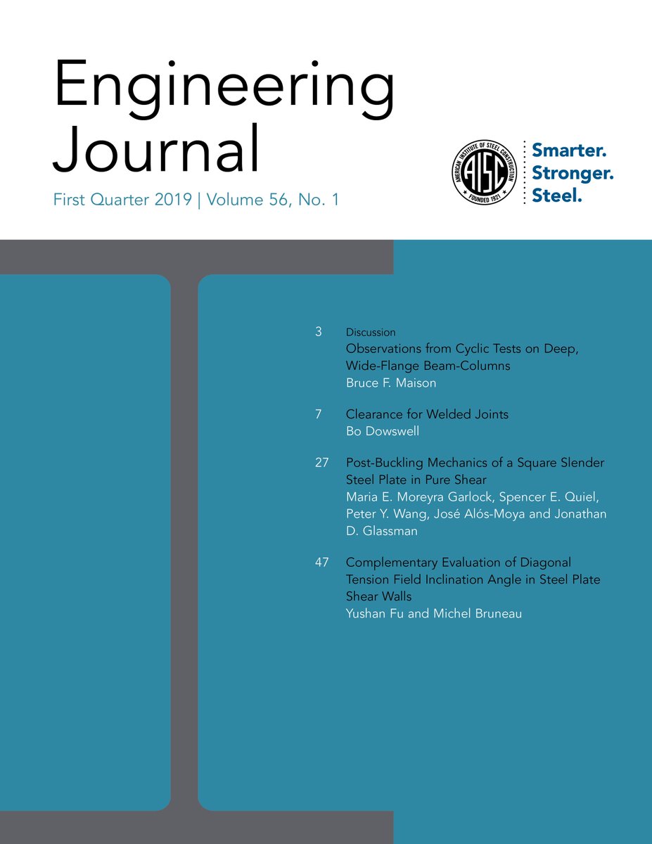 aisc's tweet photo. The first-quarter 2019 issue of AISC's #EngineeringJournal is now available!
You can view, download and print the current digital edition at https://t.co/R9t1G3SQQc .
Is there a #SteelDesign topic that you would like to see addressed in more detail? Tweet us and let us know! https://t.co/aaKoWWhT1T