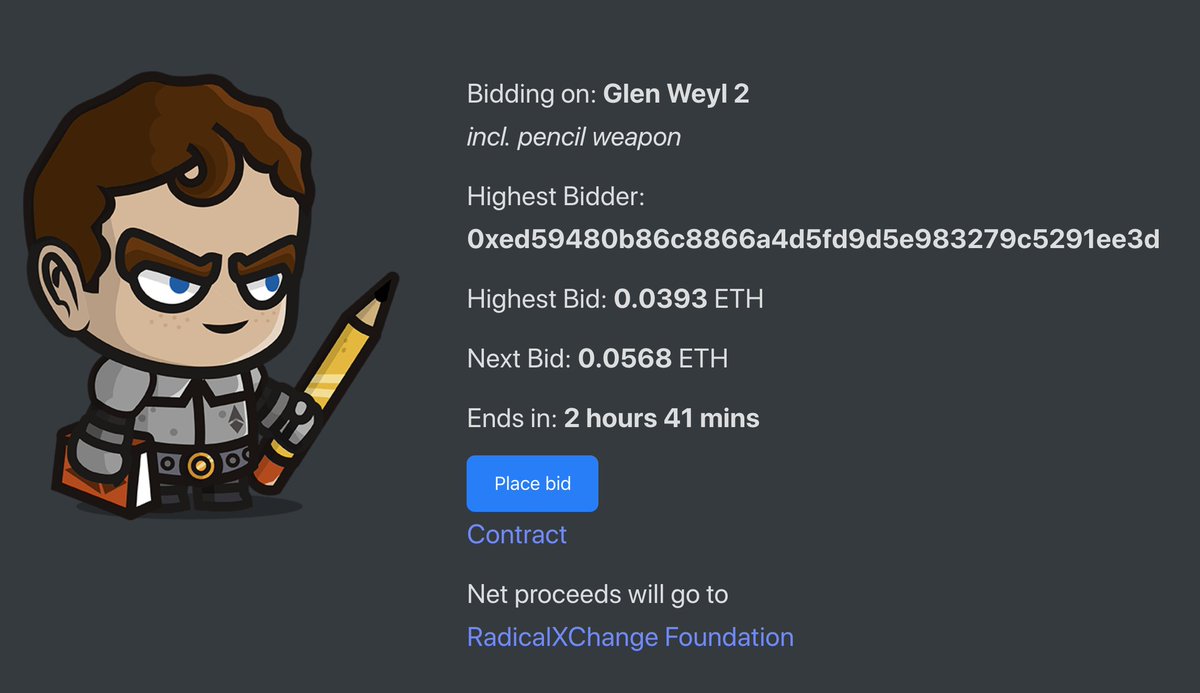 CoinDesk's tweet image. 🚨 ONGOING AUCTION 

Our 2018 #CryptoInfluencers are being turned into characters playable in #blockchain games.

Bidding for our @glenweyl @ChibiFighters are ongoing now

Just 2 HOURS LEFT to place a bid with #ether and own him on the blockchain! chibifighters.io/auction