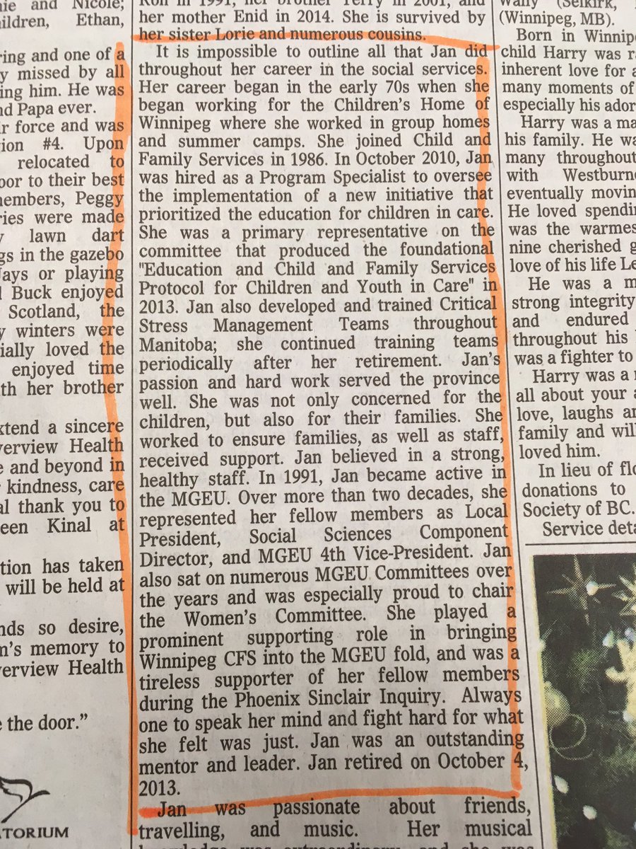 Jan Henley was a lifelong advocate for vulnerable children. She joined CFS in 1986 and oversaw the initiative to prioritize education for children in care. She also was involved with her union and chaired MGEU’s Women’s Committee passages.winnipegfreepress.com/passage-detail… #RIP #wfp